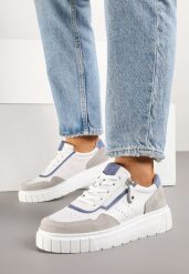 Białe Sneakersy Skórzane na Niskiej Platformie z Suwakiem Sorlane. Białe obuwie sportowe damskie Born2be, bez zapięcia. Za 189.99 zł.