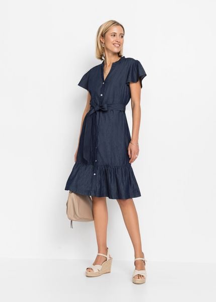 Sukienka dżinsowa. Niebieskie sukienki damskie bonprix, bez wzorów, z bawełny, bez ramiączek. Za 122.99 zł.