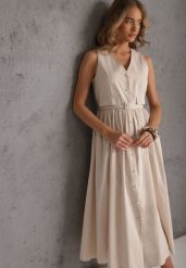 Beżowa Rozkloszowana Sukienka z Bawełną i Wiskozą Ozdobiona Paskiem Amalis. Brązowe sukienki damskie Renee, bez wzorów, z bawełny, biznesowe, bez ramiączek. Za 159.99 zł.