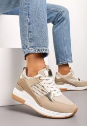 Ciemnobeżowe Sneakersy z Niskim Koturnem i Ozdobnymi Wstawkami Ysabeltia. Brązowe obuwie sportowe damskie Renee, z materiału, bez zapięcia. Za 119.99 zł.