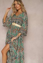Zielona Rozkloszowana Sukienka we Wzór Paisley z Rękawem 3/4 Briarwa. Zielone sukienki damskie Renee, bez wzorów, eleganckie, bez ramiączek. W wyprzedaży za 75.99 zł.