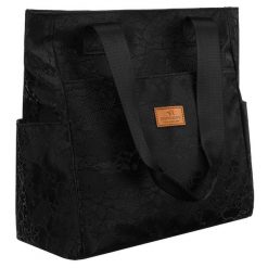 Czarny shopper damski z poliestru zawieszony na wygodnych uchwytach z zewnętrzną kieszonką na suwak Rovicky R-TZ-01. Czarne shopper bag ROVICKY, bez wzorów, bez dodatków. Za 49.99 zł.