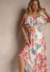 Różowa Sukienka Hiszpanka z Kwiatowym Wzorem i Plecionym Paskiem Sadeene. Czerwone sukienki damskie Renee, bez wzorów, eleganckie, bez ramiączek. Za 139.99 zł.