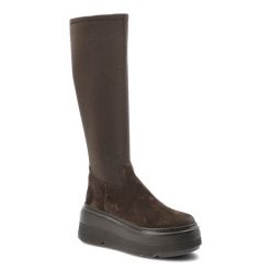 Brązowe Kozaki Chebello Buty Damskie Na Solidnej Podeszwie. Brązowe kozaki damskie CheBello, na zimę, z tkaniny, przed kolano, bez obcasa, na platformie, bez zapięcia. Za 649.00 zł.