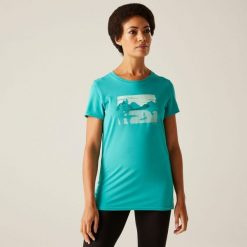 Koszulka turystyczna damska Fingal Stretch. Niebieskie bluzki damskie Regatta, bez wzorów, z elastanu, sportowe, bez kołnierzyka, bez ramiączek. Za 140.00 zł.