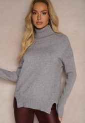 Szary Casualowy Golf z Bawełną i Wiskozą oraz Rozcięciami po Bokach Cialisea. Szare golfy damskie Renee, l, bez wzorów, z bawełny, bez ramiączek. Za 69.99 zł.