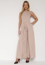 Beżowy Elegancki Kombinezon z Ozdobnymi Zakładkami Zellysha. Brązowe sukienki damskie Born2be, z aplikacjami, eleganckie, bez ramiączek. Za 149.99 zł.