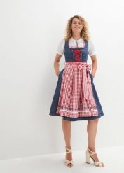 Sukienka w ludowym stylu + fartuch (kompl. 2-częściowy), dł. do kolan. Niebieskie sukienki damskie bonprix, bez wzorów, z bawełny, bez ramiączek. Za 479.99 zł.