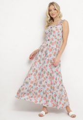 Jasnoniebieska Rozkloszowana Sukienka Bawełniana w Kwiatowy Print z Guzikami Jamallia. Niebieskie sukienki damskie Born2be, bez wzorów, z bawełny, klasyczne, bez ramiączek. Za 99.99 zł.
