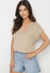 Beżowy T-shirt z Bawełny z Trójkątnym Dekoltem Lireande. Brązowe t-shirty damskie Born2be, s, bez wzorów, z bawełny, bez kołnierzyka. Za 39.99 zł.