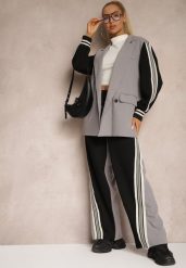 Szary Streetwearowy Komplet z Marynarką i Spodniami Wide Leg w Prążki Naorin. Szare marynarki i żakiety damskie Renee, l, bez wzorów, eleganckie. Za 239.99 zł.