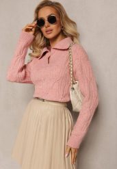 Różowy Sweter z Dekoltem w Serek i Ozdobnym Splotem Travissa. Czerwone swetry klasyczne damskie Renee, ze splotem, bez kołnierzyka. Za 99.99 zł.