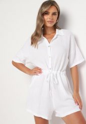 Biały Muślinowy Kombinezon z Bawełny Wiązany w Talii z Guzikami Dlirena. Białe sukienki damskie Born2be, bez wzorów, z bawełny, eleganckie, bez ramiączek. Za 159.99 zł.