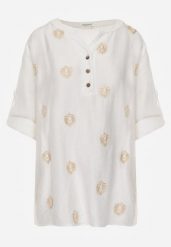 Biała Wiskozowa Koszula Boho z Haftem i Podpinanymi Rękawami 3/4 Cheridenah. Białe koszule damskie Born2be, plus size, bez wzorów, z wiskozy, boho, bez kołnierzyka, plus size, bez ramiączek. Za 69.99 zł.