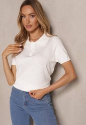 Biały Wiskozowy T-shirt w Stylu Polo ze Sweterkowej Dzianiny Hiliora. Białe t-shirty damskie Renee, z aplikacjami, z dzianiny, bez kołnierzyka. Za 74.99 zł.