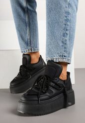 Czarne Sneakersy na Grubej Podeszwie z Ozdobnym Sznurowaniem Sovvia. Czarne obuwie sportowe damskie Born2be, bez zapięcia. Za 89.99 zł.