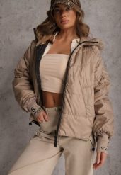 Ciemnobeżowa Pikowana Kurtka Puffer z Kapturem Ozdobiona Napisami Orellana. Brązowe kurtki damskie Renee, na wiosnę, l, bez wzorów, z jeansu, z kapturem. Za 149.99 zł.