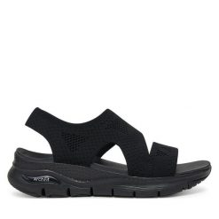 Sandały Skechers. Czarne sandały damskie Skechers, bez wzorów, bez obcasa, na płaskiej podeszwie, bez zapięcia. Za 219.99 zł.