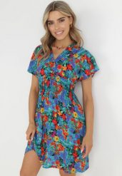 Niebieska Sukienka Mini z Szeroką Gumką w Talii i Kopertowym Dekoltem Nevun. Niebieskie sukienki damskie Born2be, z aplikacjami, z wiskozy, bez ramiączek. Za 59.99 zł.