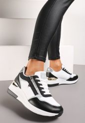 Czarno-Białe Sneakersy z Metaliczną i Brokatową Wstawką na Koturnie Neomalle. Czarne obuwie sportowe damskie Renee, bez zapięcia. Za 89.99 zł.