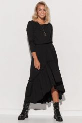 Dzianinowa Maxi Sukienka z Falbanką - Czarna. Czarne sukienki damskie Makadamia, bez wzorów, z bawełny, bez ramiączek. Za 269.90 zł.