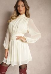 Beżowa Rozkloszowana Sukienka z Półprzeźroczystymi Wstawkami i Stójką Gelabine. Brązowe sukienki damskie Renee, bez wzorów, eleganckie, bez ramiączek. W wyprzedaży za 119.99 zł.