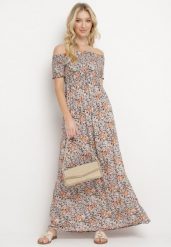 Granatowo-Pomarańczowa Sukienka Hiszpanka Długa z Bawełny w Kwiatowy Print Mrosa. Niebieskie sukienki damskie Born2be, bez wzorów, z bawełny, boho, bez ramiączek. Za 79.99 zł.