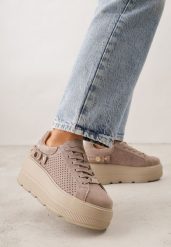 Ciemnobeżowe Perforowane Sneakersy ze Skóry Naturalnej na Platformie i Koturnie Risyla. Brązowe obuwie sportowe damskie Renee, ze skóry, bez zapięcia. Za 249.99 zł.