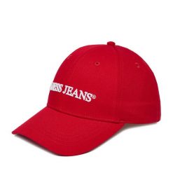 Czapka z daszkiem Guess Jeans. Czerwone czapki z daszkiem damskie Guess Jeans, z aplikacjami, z jeansu. Za 99.99 zł.