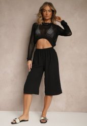 Czarne Luźne Spodnie 3/4 z Kieszonkami Efrinea. Czarne spodnie materiałowe damskie Renee, bez wzorów, z gumy. Za 34.99 zł.
