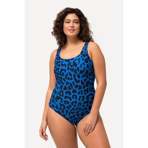Damskie Strój kąpielowy wzór w panterkę bez miękkich miseczek okrągły dekolt. Niebieskie stroje jednoczęściowe Ulla Popken, bez wzorów, z elastanu. W wyprzedaży za 159.99 zł.