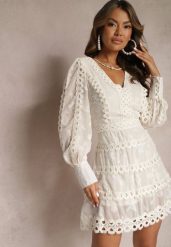 Jasnobeżowa Haftowana Sukienka Mini z Guzikami i Ażurowymi Wstawkami Albastra. Brązowe sukienki damskie Renee, w ażurowe wzory, boho, bez ramiączek. W wyprzedaży za 175.99 zł.
