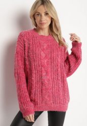 Różowy Sweter z Wełną z Ozdobnym Splotem Abrenevia. Czerwone swetry klasyczne damskie Born2be, na zimę, z wełny, bez kołnierzyka. Za 74.99 zł.