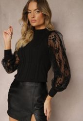 Czarny Golf ze Wstawkami z Siateczki na Rękawach Yelira. Czarne golfy damskie Renee, z aplikacjami, z jeansu, bez ramiączek. Za 59.99 zł.