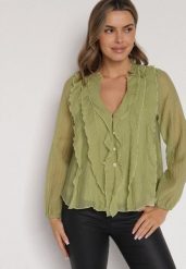 Zielona Bluzka Koszulowa z Dekoltem w Serek Zdobiona Falbankami Nailiphis. Zielone bluzki damskie Born2be, l, z aplikacjami, z jeansu, biznesowe, bez kołnierzyka, bez ramiączek. Za 99.99 zł.
