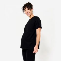 Koszulka do jogi damska Kimjaly ciążowa. Czarne bluzki damskie DOMYOS, xl, bez wzorów, z elastanu, bez kołnierzyka, bez ramiączek. Za 49.99 zł.