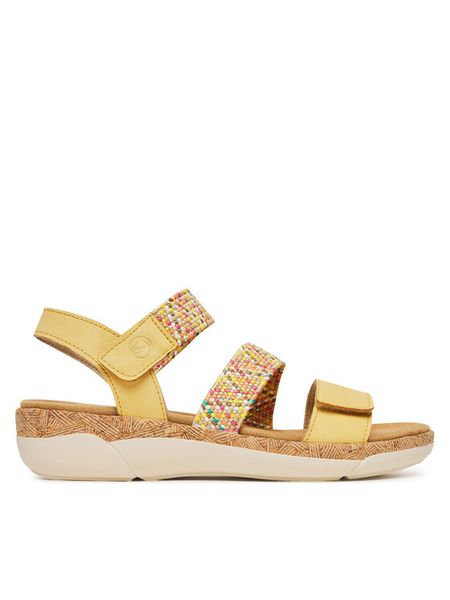 Remonte Sandały R6861-68 Żółty. Żółte sandały damskie Remonte, bez wzorów, z materiału, bez obcasa, na koturnie, bez zapięcia. Za 279.99 zł.