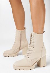 Beżowe Botki Ophelie. Brązowe botki damskie Born2be, za kostkę, bez obcasa, na obcasie, bez zapięcia. Za 159.99 zł.