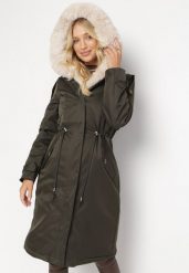 Ciemnozielona Nylonowa Kurtka Parka Płaszcz Ozdobiona Futerkiem Faelana. Zielone kurtki damskie Born2be, l, bez wzorów, z futra, bez kaptura. Za 349.99 zł.
