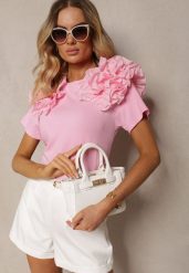 Różowy T-shirt z Bawełny Ozdobiony Bufiastymi Falbankami Kandrra. Czerwone t-shirty damskie Renee, l, bez wzorów, z bawełny, bez kołnierzyka. Za 74.99 zł.