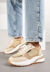 Ciemnobeżowe Sneakersy na Grubej Podeszwie Zdobione Plecionką Ninidala. Brązowe obuwie sportowe damskie Born2be, z jeansu, bez zapięcia. Za 109.99 zł.