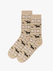 Beżowo-brązowe skarpetki świąteczne unisex w renifery. Brązowe skarpetki damskie Ryłko, z aplikacjami, z bawełny. Za 24.99 zł.