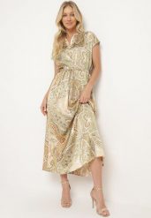 Zielono-Beżowa Rozkloszowana Sukienka ze Ściągaczem w Talii w Stylu Boho Dimirra. Zielone sukienki damskie Born2be, bez wzorów, boho, bez ramiączek. Za 129.99 zł.