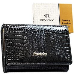 Średni, czarny portfel damski ze skóry naturalnej zamykany zatrzaskiem RH-30-1-RS Rovicky. Czarne portfele damskie ROVICKY, bez wzorów, z lakierowanej skóry. Za 99.00 zł.