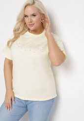 Żółty Bawełniany T-shirt z Ozdobnym Napisem i Cyrkoniami Olisandra. Żółte t-shirty damskie Born2be, plus size, z aplikacjami, z bawełny, bez kołnierzyka. Za 44.99 zł.