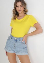 Żółty Gładki T-shirt z Bawełny z Krótkim Rękawem Charise. Żółte t-shirty damskie Born2be, l, bez wzorów, z bawełny, bez kołnierzyka. Za 29.99 zł.