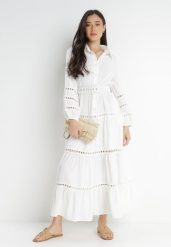 Biała Sukienka z Paskiem Dorica. Białe sukienki damskie Born2be, z aplikacjami, boho, bez ramiączek. Za 299.99 zł.