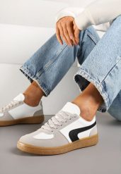 Biało-Czarne Sneakersy w Stylu Klasycznych Tenisówek Ahleria. Białe obuwie sportowe damskie Born2be, z jeansu, bez zapięcia, tenisowe. Za 89.99 zł.