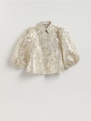 Błyszcząca koszula z bufkami - srebrny. Szare koszule damskie Reserved, l, bez wzorów, z tkaniny, bez kołnierzyka, bez ramiączek. Za 149.99 zł.
