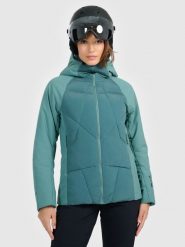 4F Kurtka puchowa narciarska z wypełnieniem Primaloft Silver damska - oliwkowa S. Brązowe kurtki damskie 4F, na zimę, s, bez wzorów, z dzianiny, bez kaptura. Za 999.99 zł.